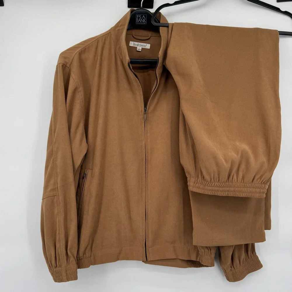 TravelSmith Track Suit Mens Large Brown Suede Microfiber Jacket Pants Set 77011